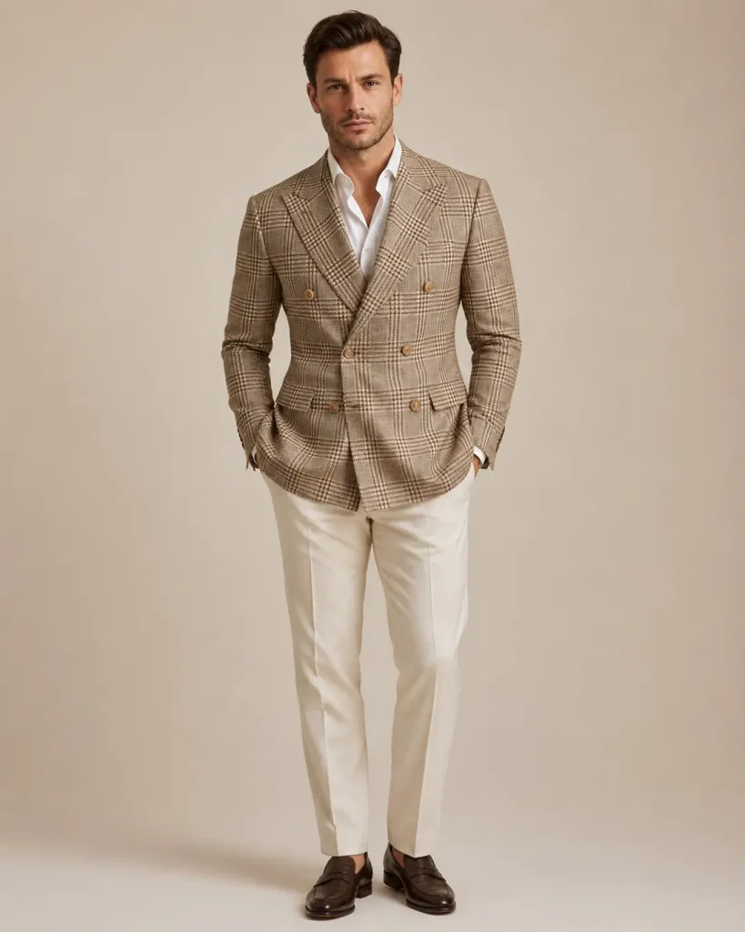 Heritage Warm Taupe Glen Plaid Double-Breasted Blazer
