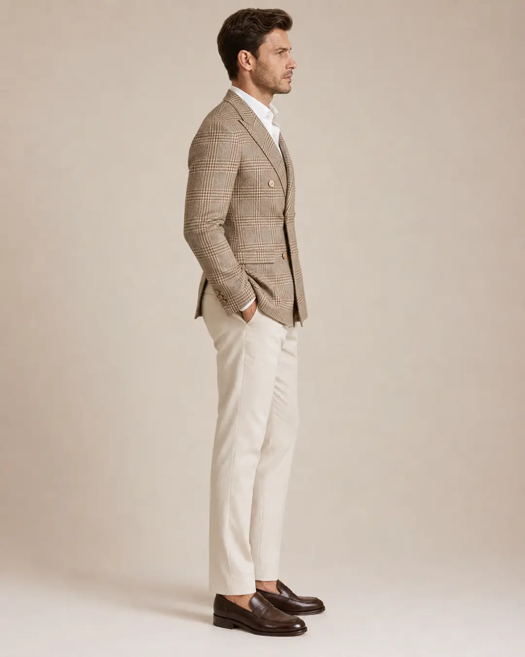 Heritage Warm Taupe Glen Plaid Double-Breasted Blazer