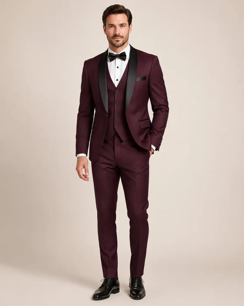 Burgundy Three-Piece Tuxedo with Black Satin Shawl Lapels
