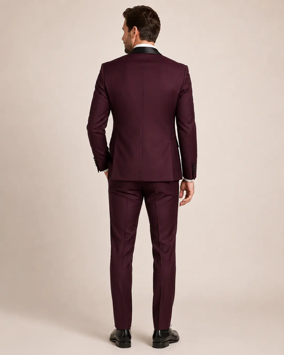 Burgundy Three-Piece Tuxedo with Black Satin Shawl Lapels