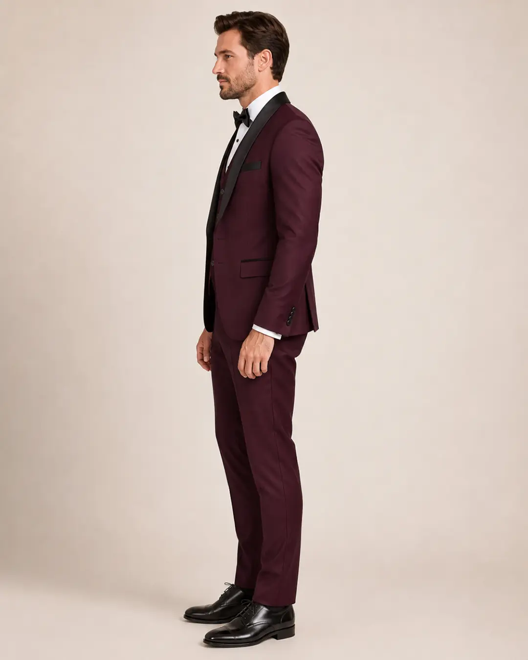 Burgundy Three-Piece Tuxedo with Black Satin Shawl Lapels