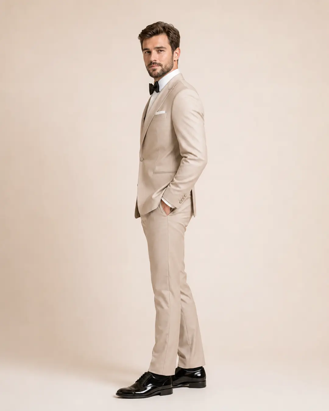 Beige Peak-Lapel Tuxedo Suit