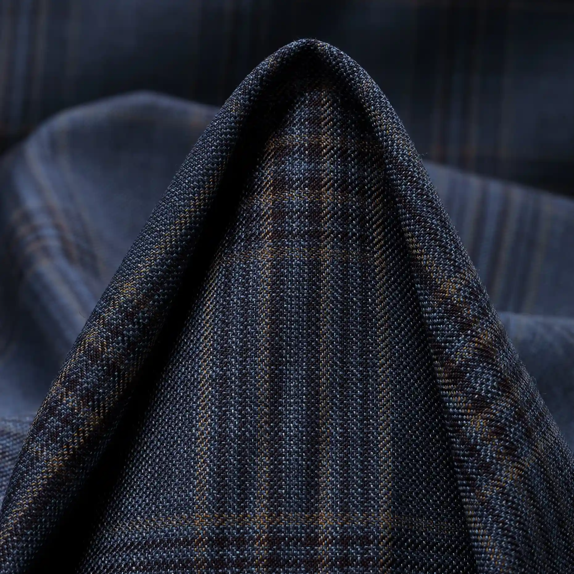 Dark Charcoal Navy with Brown Check Wool