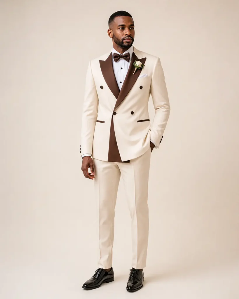 Ivory Brown-Lapel Double-Breasted Tuxedo