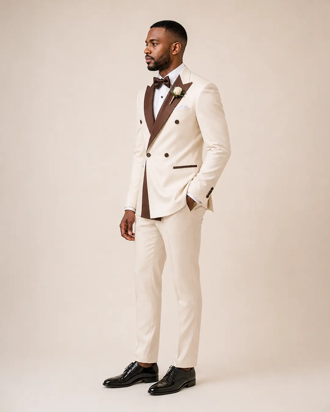 Ivory Brown-Lapel Double-Breasted Tuxedo