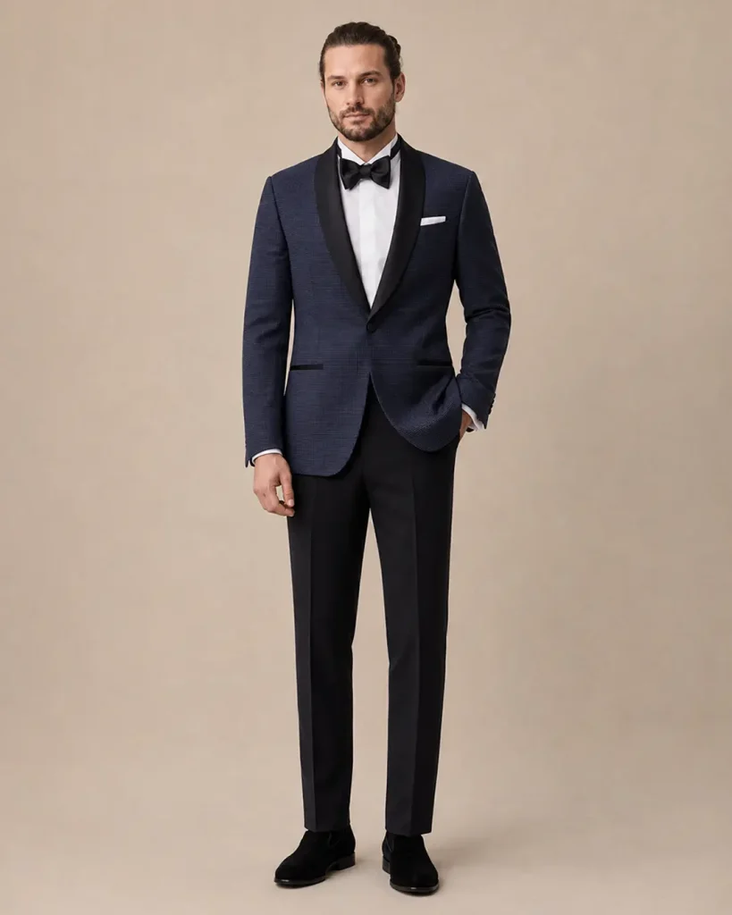 Navy Textured Tuxedo with Black Satin Shawl Lapels