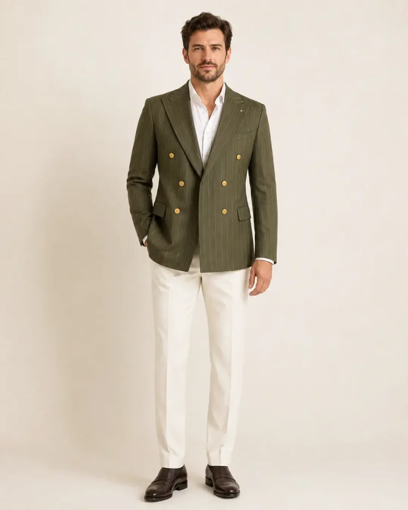 Olive Green Pinstripe Double-Breasted Blazer