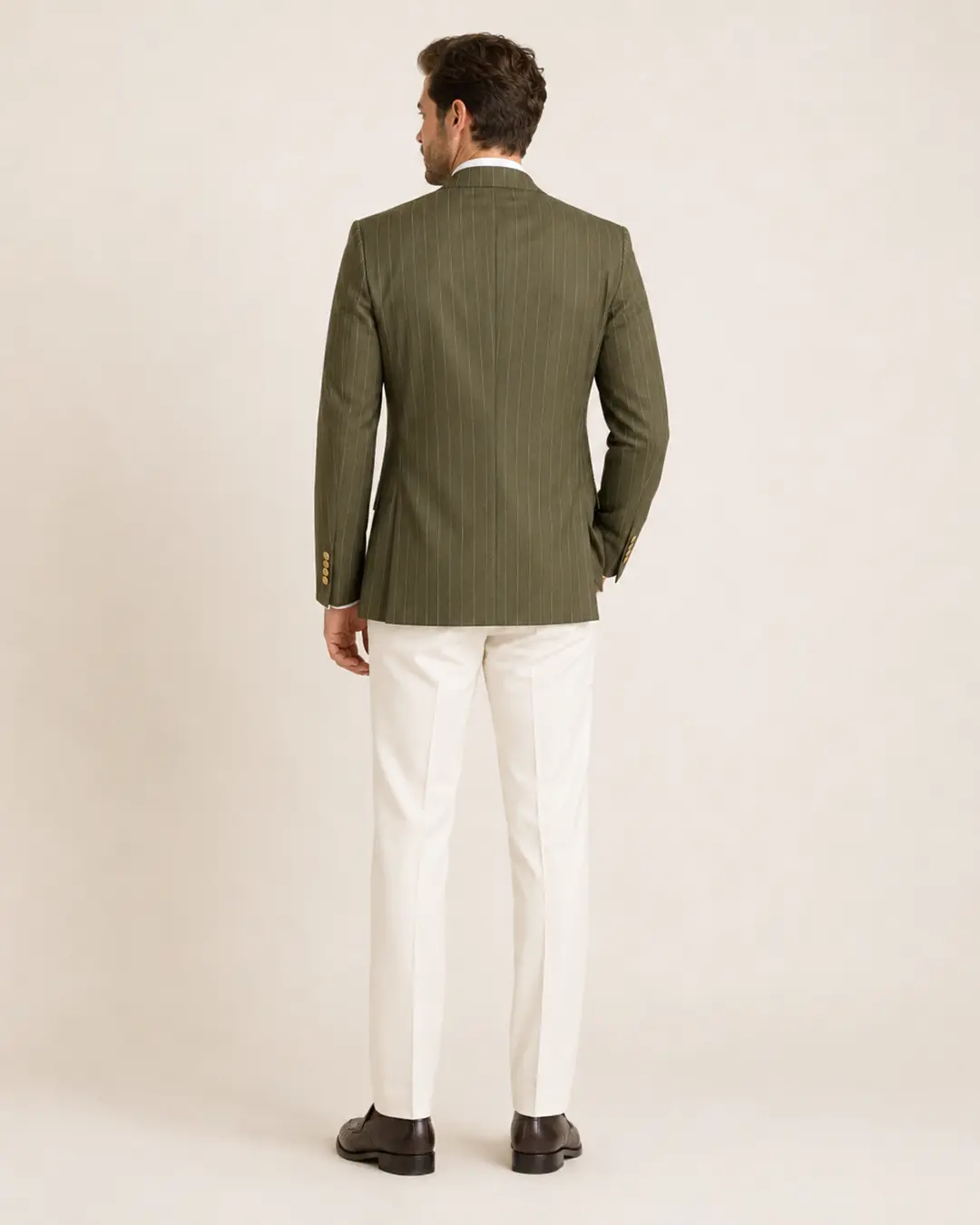 Olive Green Pinstripe Double-Breasted Blazer