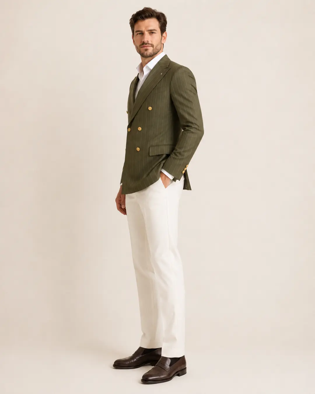 Olive Green Pinstripe Double-Breasted Blazer