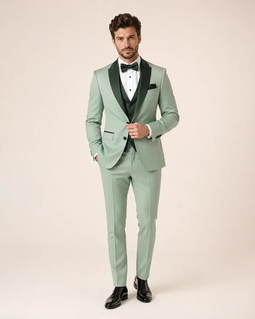 Sage Green Three-Piece Tuxedo with Dark Green Satin Peak Lapels