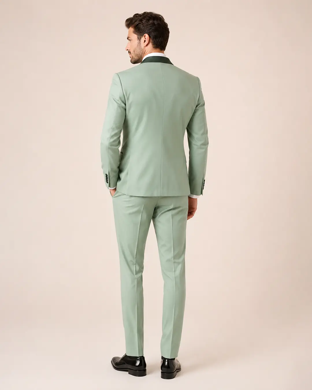 Sage Green Three-Piece Tuxedo with Dark Green Satin Peak Lapels