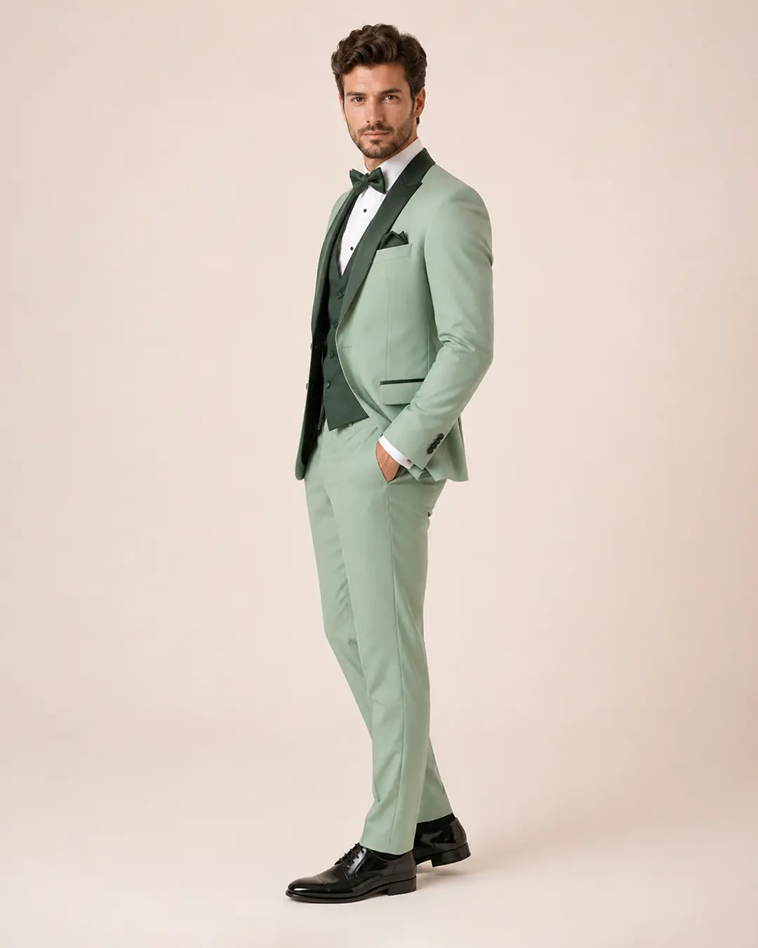 Sage Green Three-Piece Tuxedo with Dark Green Satin Peak Lapels