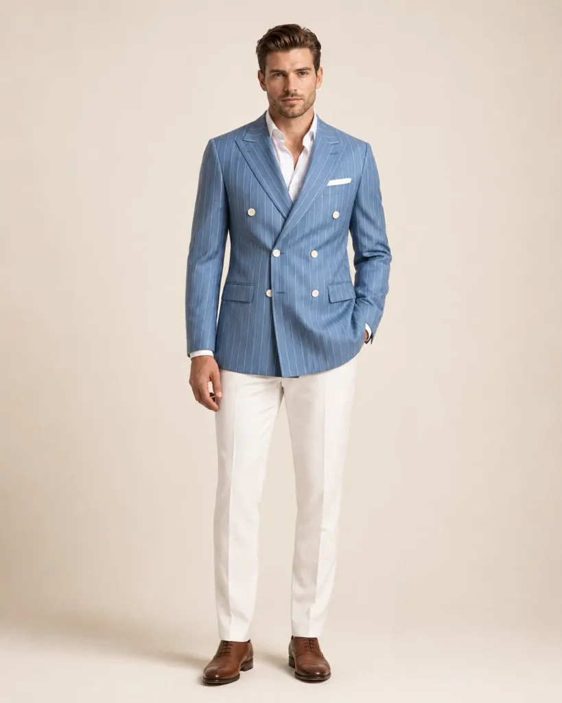 Sky Blue Pinstripe Double-Breasted Blazer