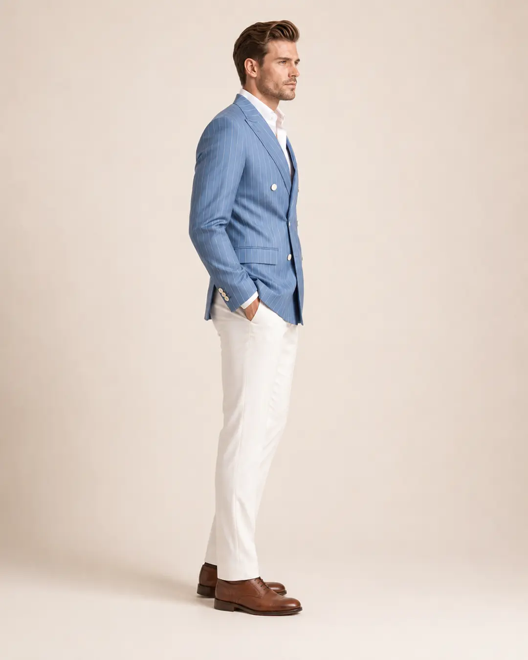 Sky Blue Pinstripe Double-Breasted Blazer