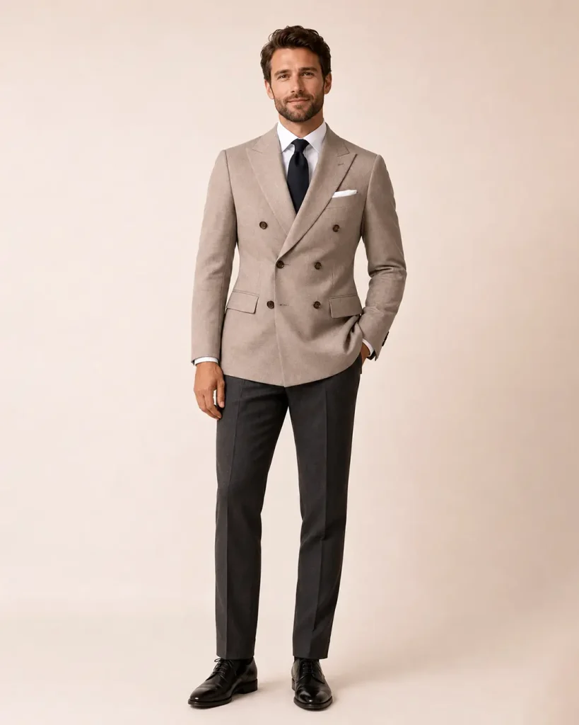 Taupe Beige Double-Breasted Blazer