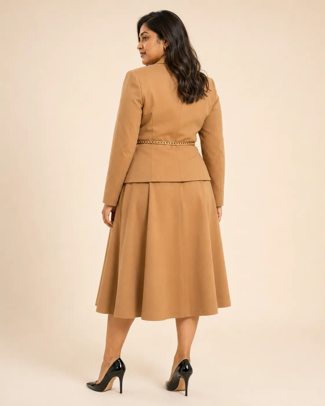 Camel Belted Blazer & A-Line Skirt Suit
