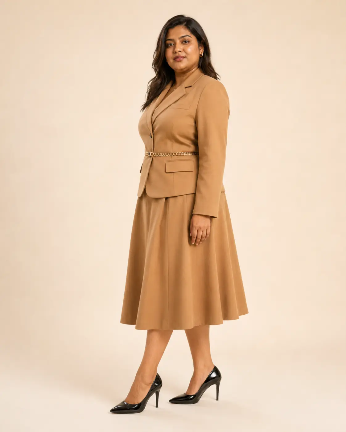 Camel Belted Blazer & A-Line Skirt Suit