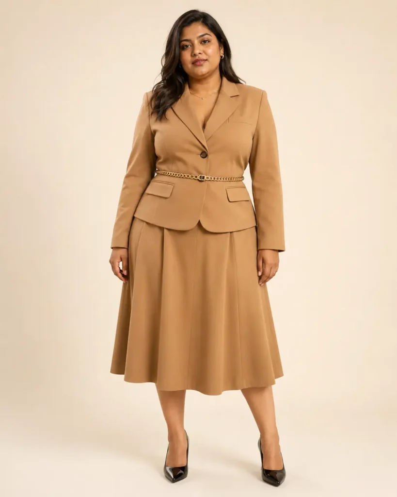 Camel Belted Blazer & A-Line Skirt Suit