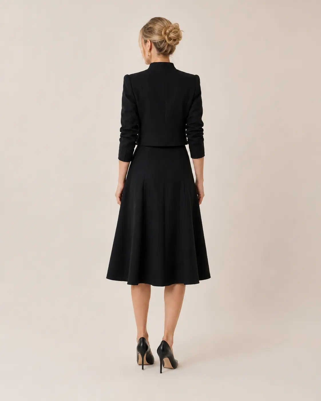 Black Mandarin Collar Jacket & A-Line Skirt Suit