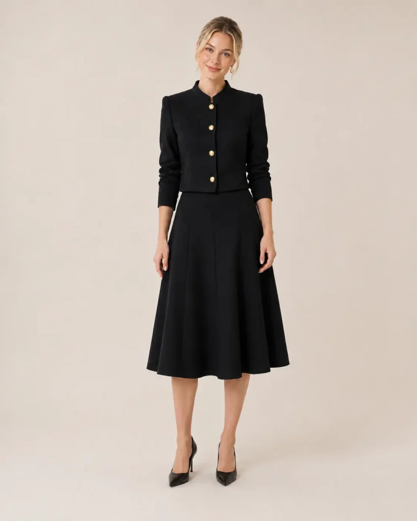 Black Mandarin Collar Jacket & A-Line Skirt Suit