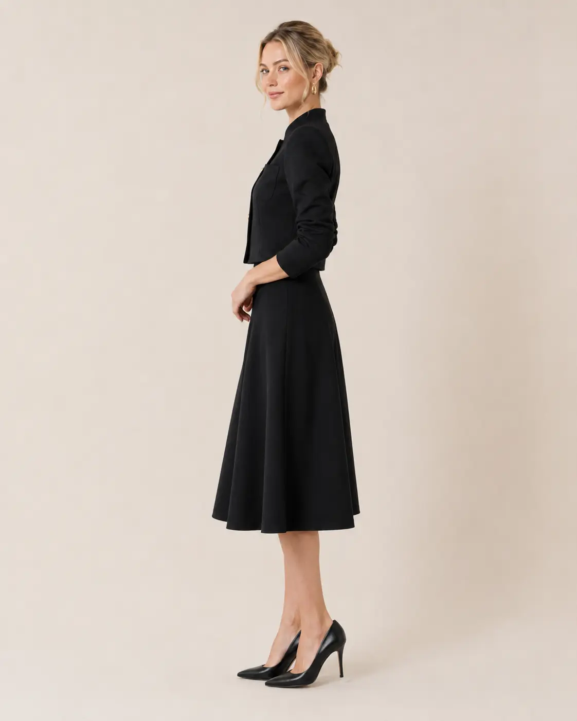 Black Mandarin Collar Jacket & A-Line Skirt Suit