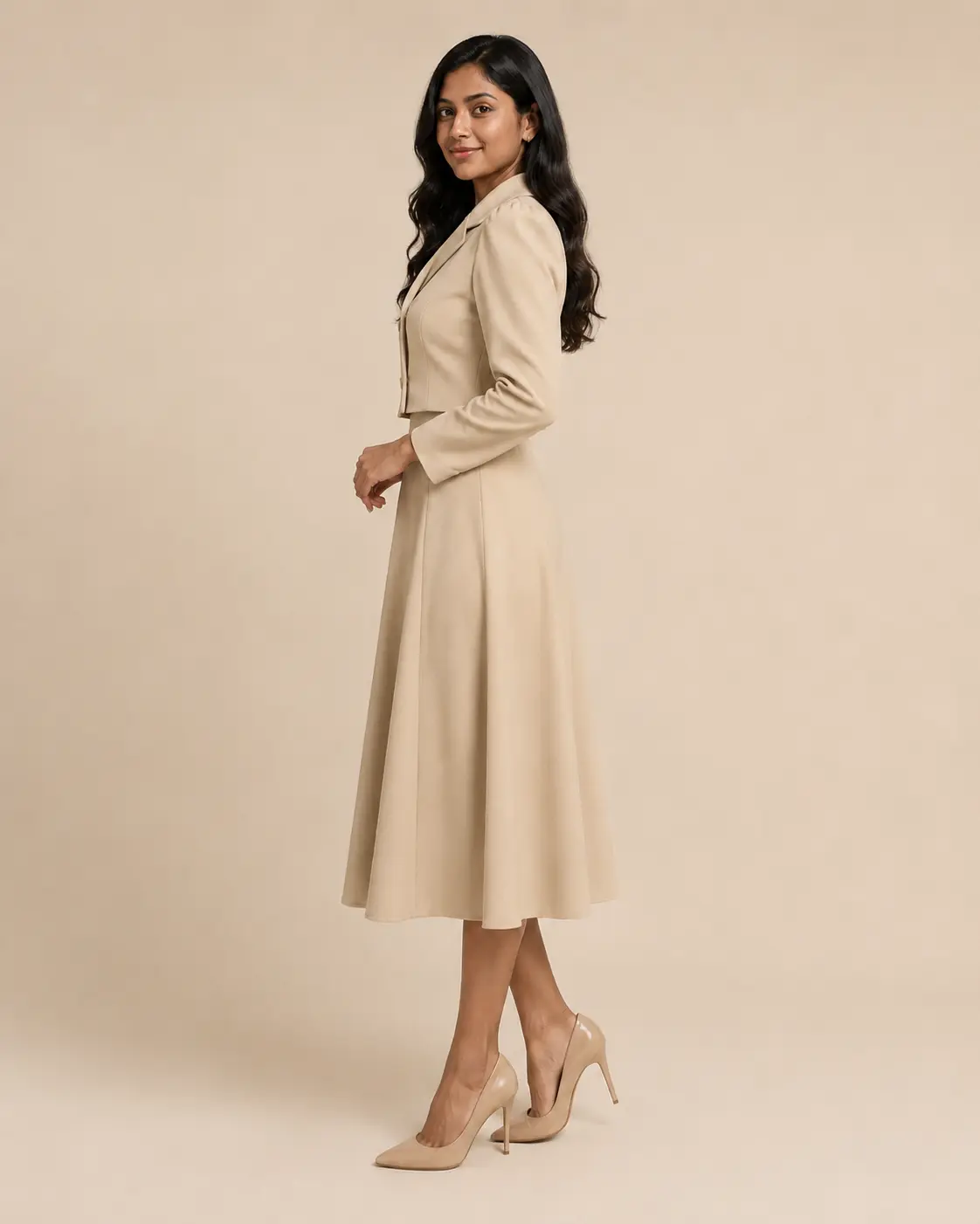 Beige Cropped Jacket & Midi Skirt Suit