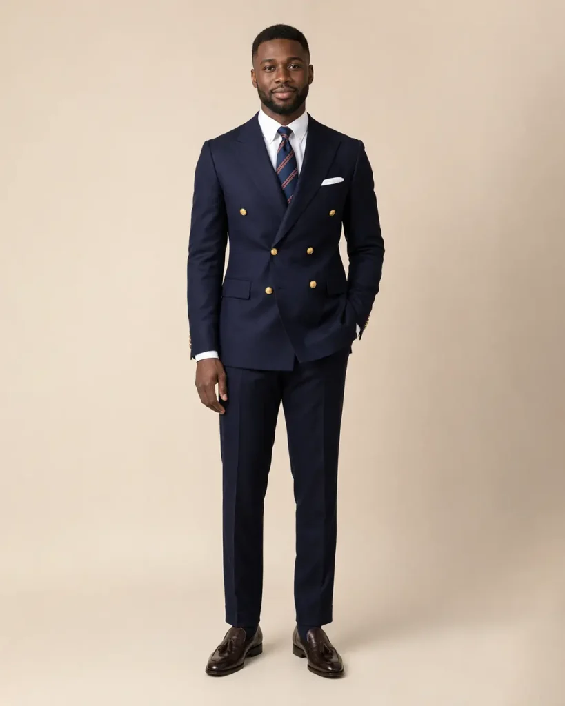 Navy Double-Breasted Suit with Gold Buttons