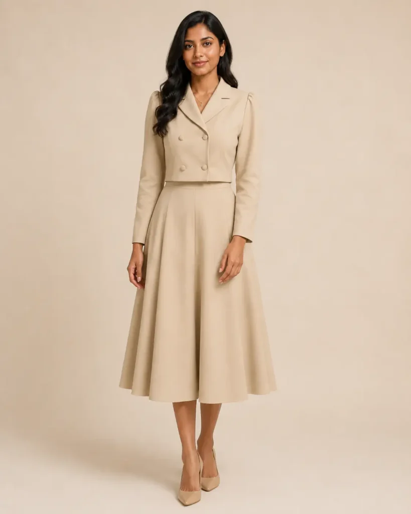 Beige Cropped Jacket & Midi Skirt Suit