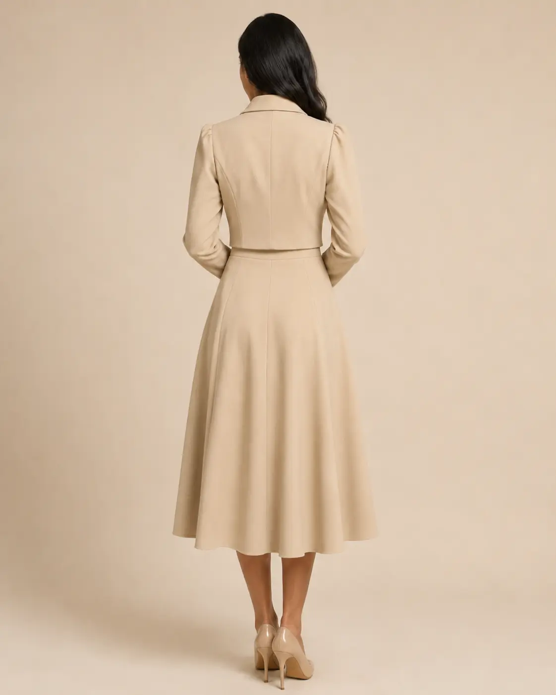 Beige Cropped Jacket & Midi Skirt Suit