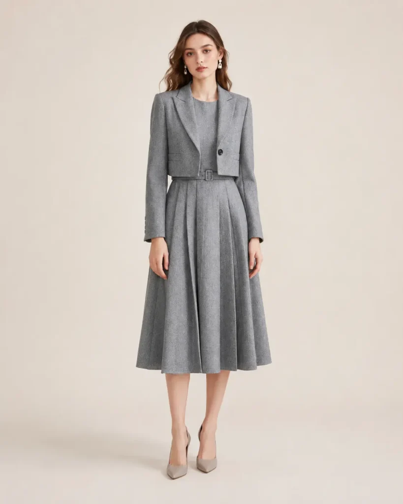 Grey Blazer & Pleated Skirt Suit