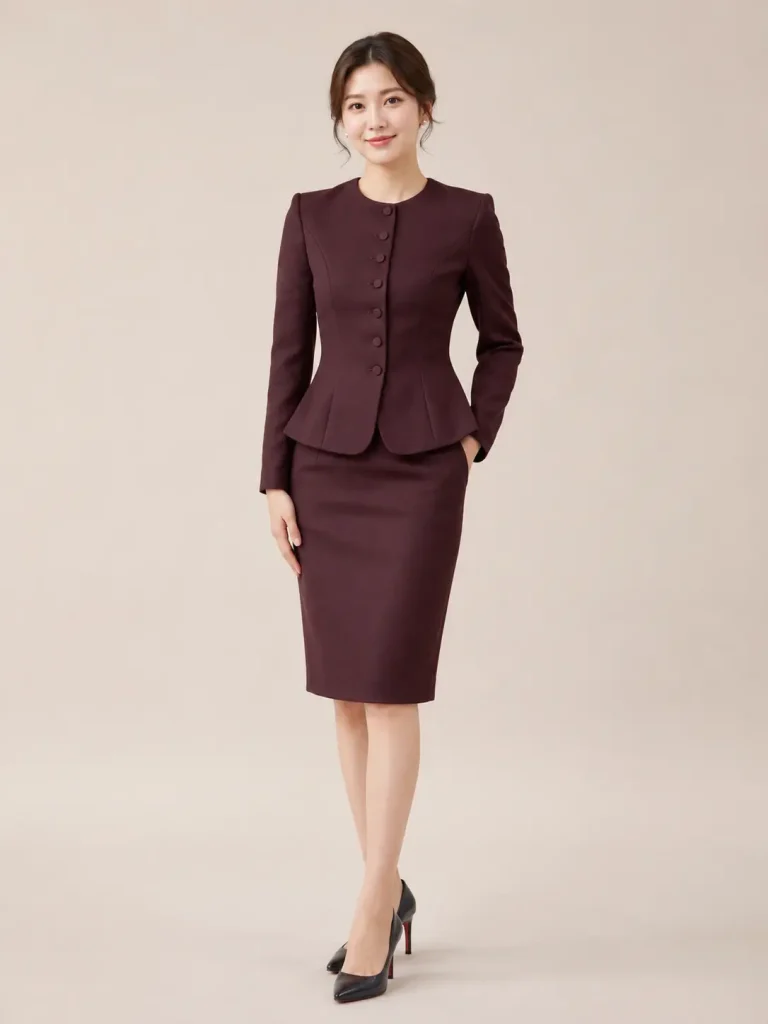 Burgundy Collarless Button-Front Skirt Suit