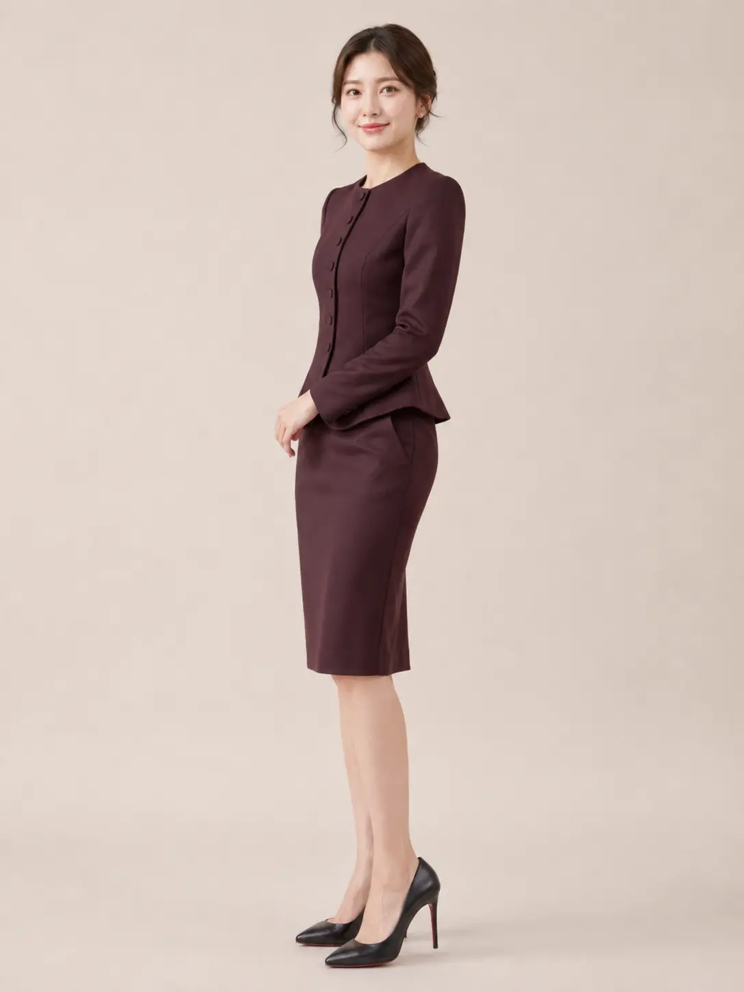 Burgundy Collarless Button-Front Skirt Suit