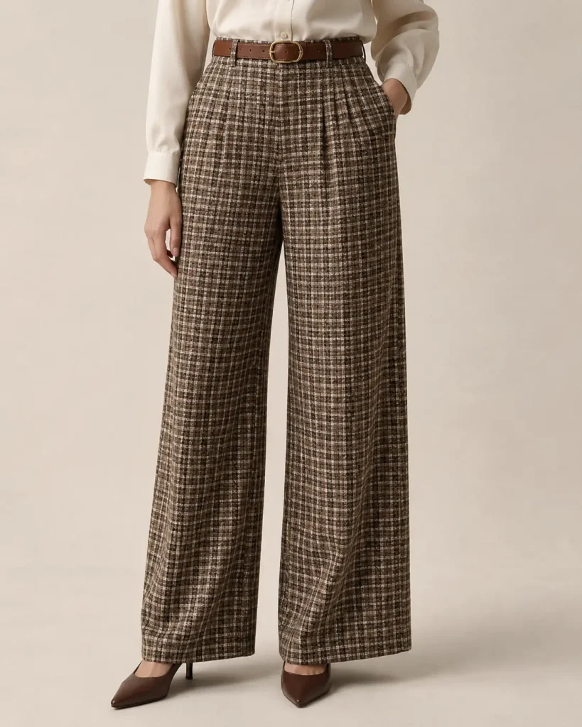 Brown Plaid High-Waisted Wide-Leg Trousers