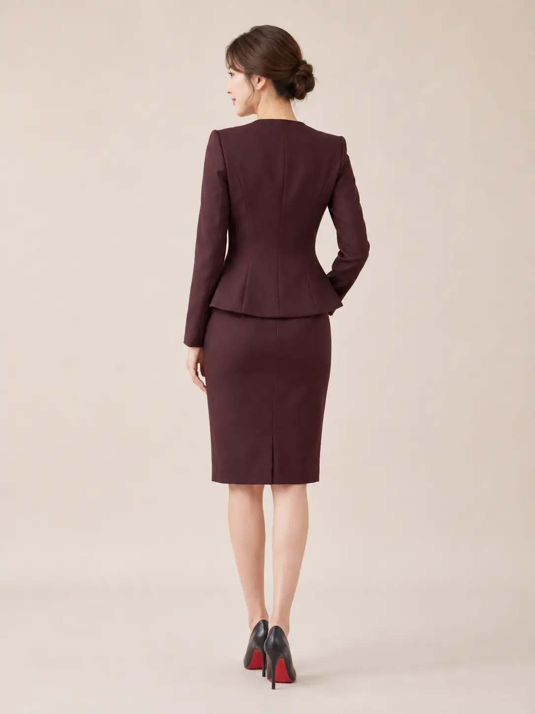 Burgundy Collarless Button-Front Skirt Suit