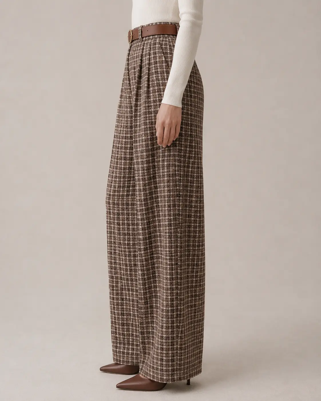 Brown Plaid High-Waisted Wide-Leg Trousers