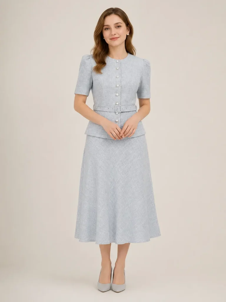 Powder Blue Belted Peplum Skirt Suit