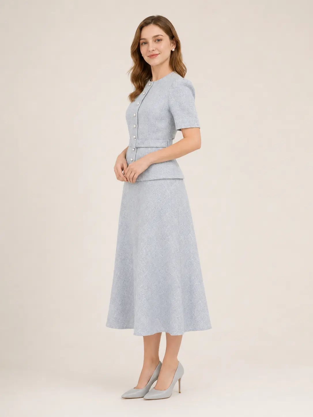 Powder Blue Belted Peplum Skirt Suit