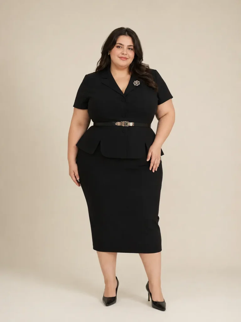 Black Belted Peplum Skirt Suit
