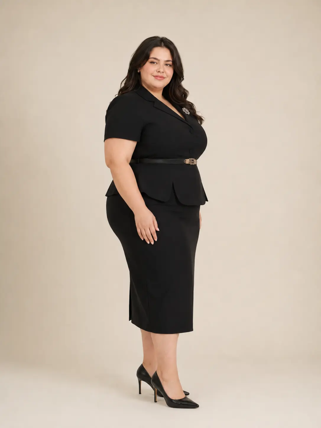 Black Belted Peplum Skirt Suit
