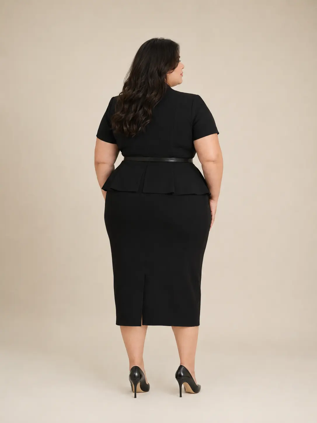 Black Belted Peplum Skirt Suit