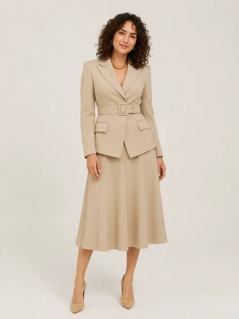 Beige Belted Blazer & A-Line Midi Skirt Suit