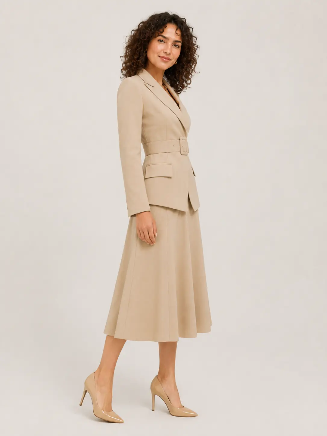 Beige Belted Blazer & A-Line Midi Skirt Suit