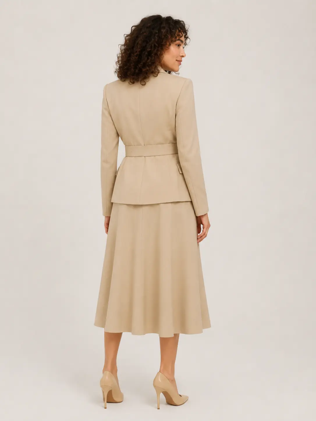 Beige Belted Blazer & A-Line Midi Skirt Suit