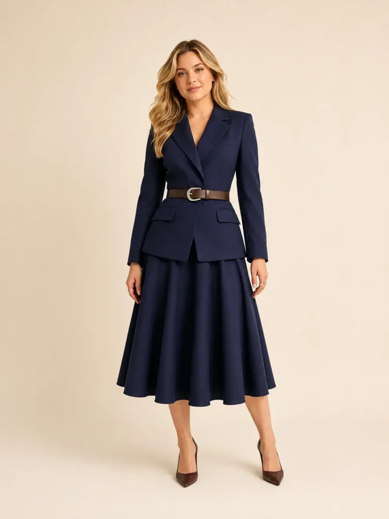 Navy Belted Blazer & Flared Skirt Suit