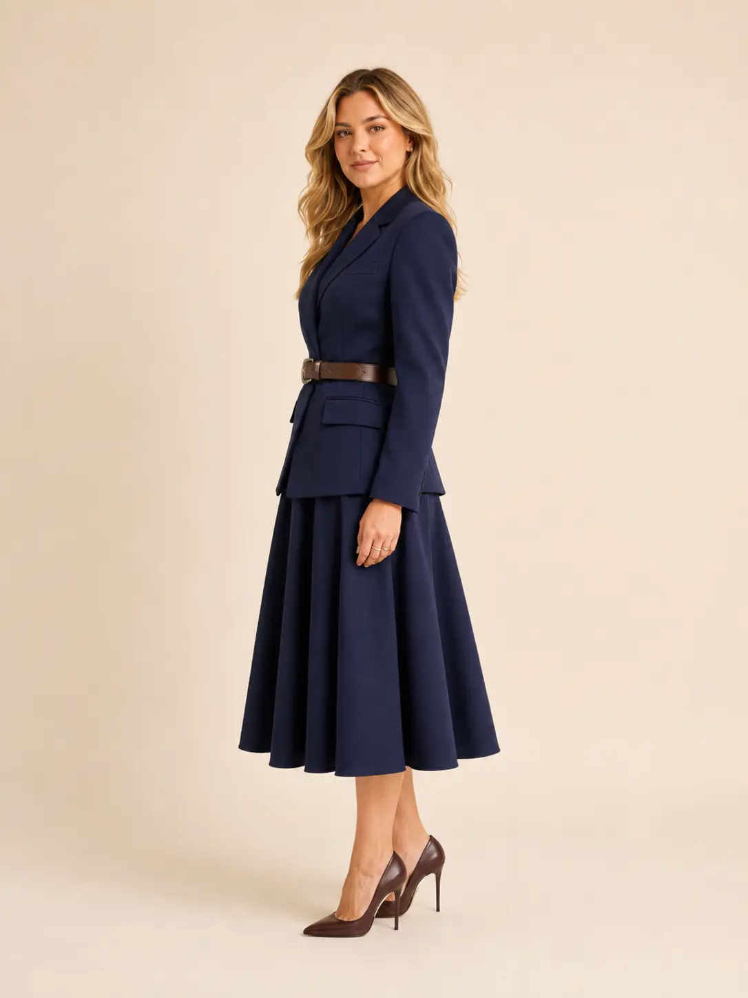 Navy Belted Blazer & Flared Skirt Suit