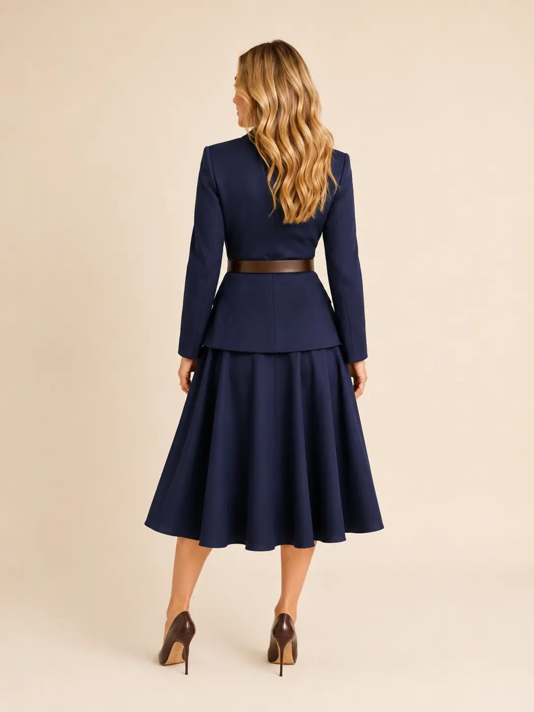 Navy Belted Blazer & Flared Skirt Suit