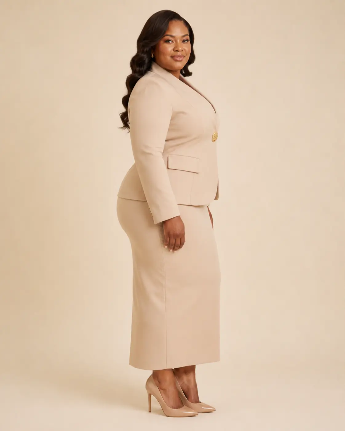 Beige Single-Button Skirt Suit