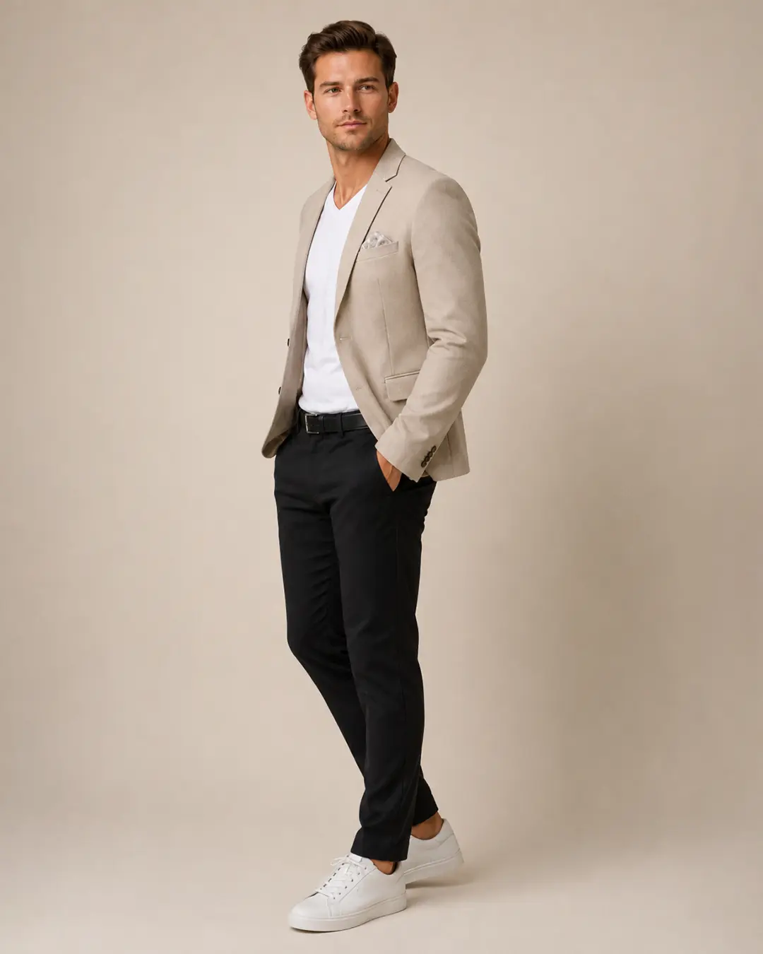 Beige Notch-Lapel Blazer
