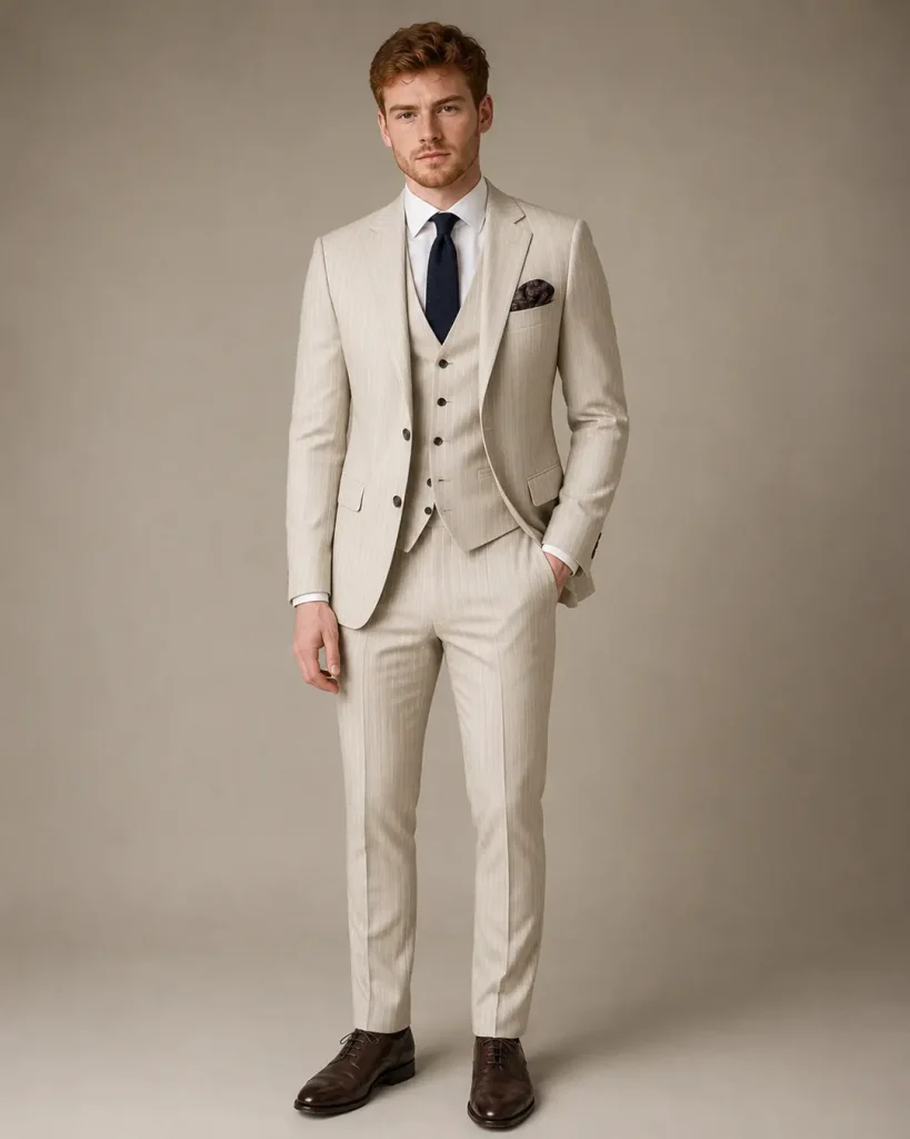 Beige Pinstripe Three-Piece Suit