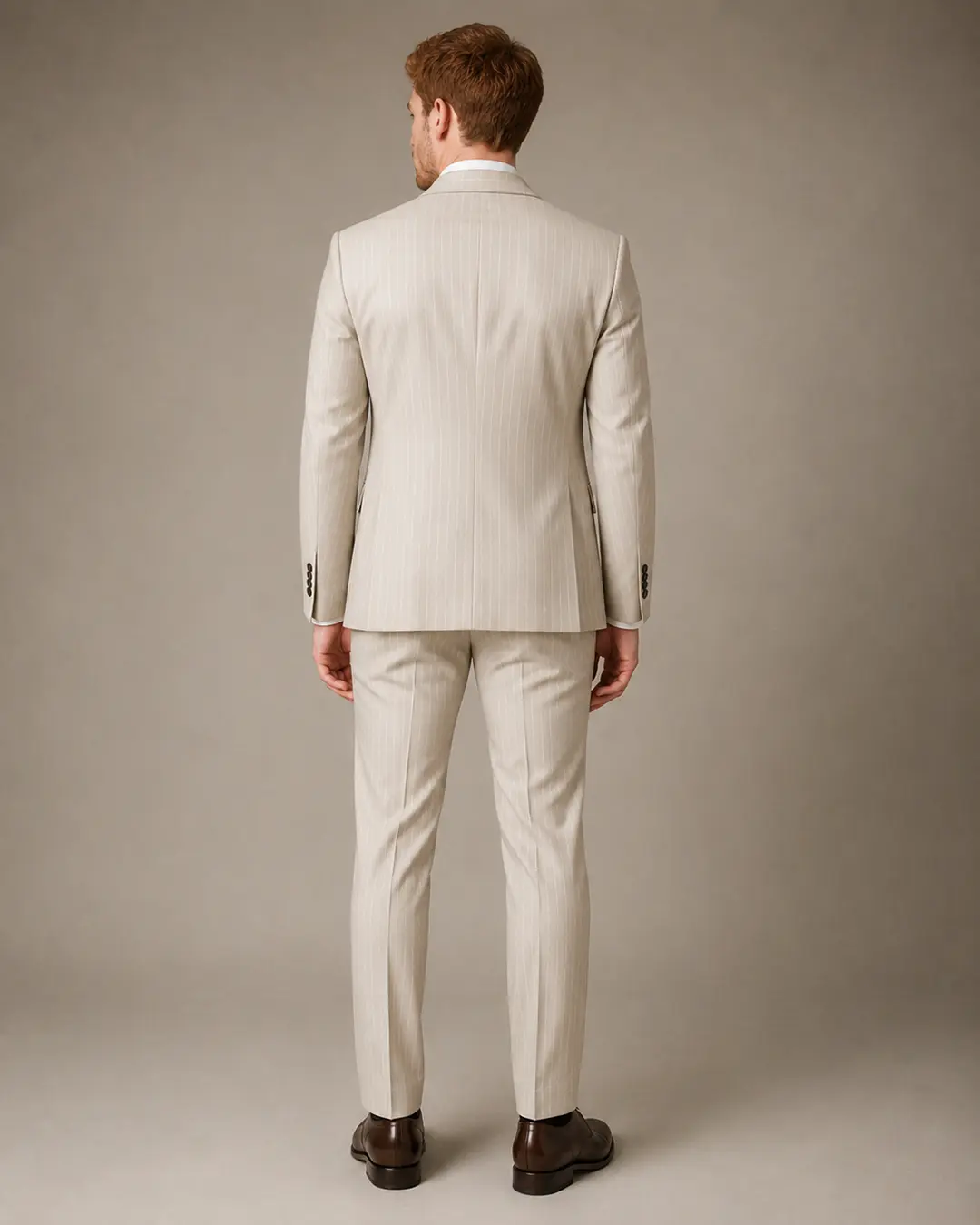 Beige Pinstripe Three-Piece Suit
